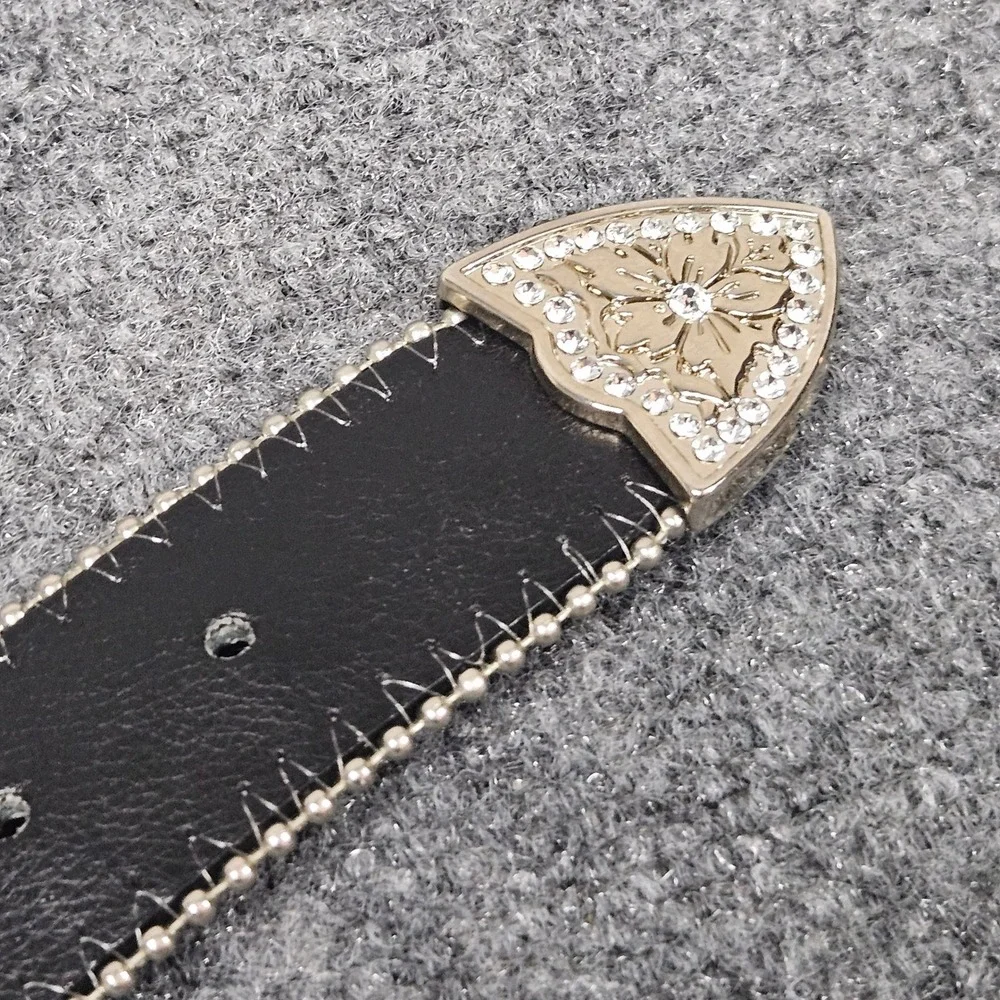 Western Rhinestone Buckle Belt Black Silver 2XL Y2K Bling Rodeo Statement Cowboy